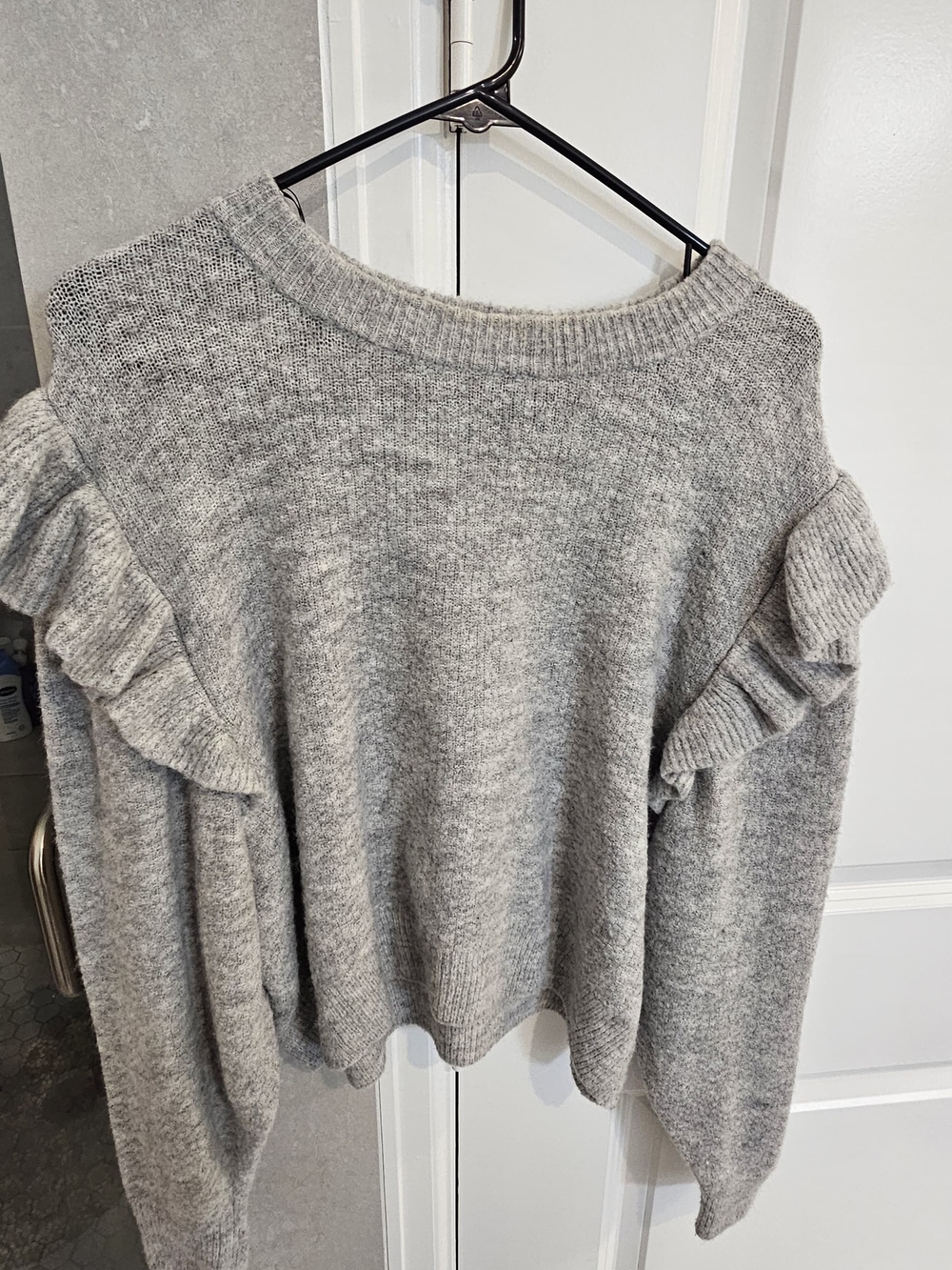 H&M Light Gray Ruffle-Shoulder Crewneck Sweater
